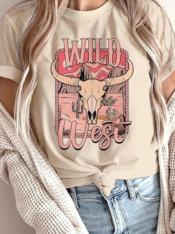 Women's Graphic Print Round Neck Tee, Vintage Trendy Casual Short Sleeve T-shirt for Daily Wear, Ladies All Seasons Clothing