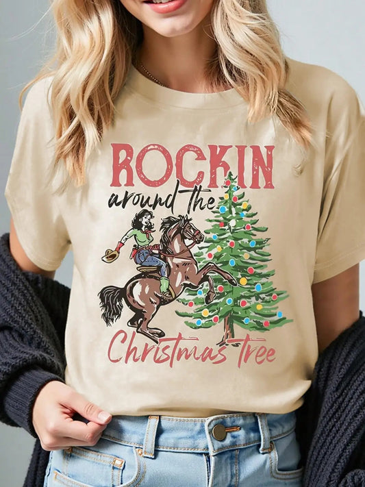 Women's Graphic Print Shirt, Casual Round Neck Graphic Tee, Women's Christmas Shirt for Daily Wear