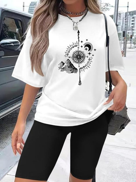 Women's Graphic Print Tee & Skinny Shorts Two-piece Set, Casual Fashion Round Neck Short Sleeve T-shirt & Shorts for Daily Outdoor Wear, Ladies Clothes for All Seasons