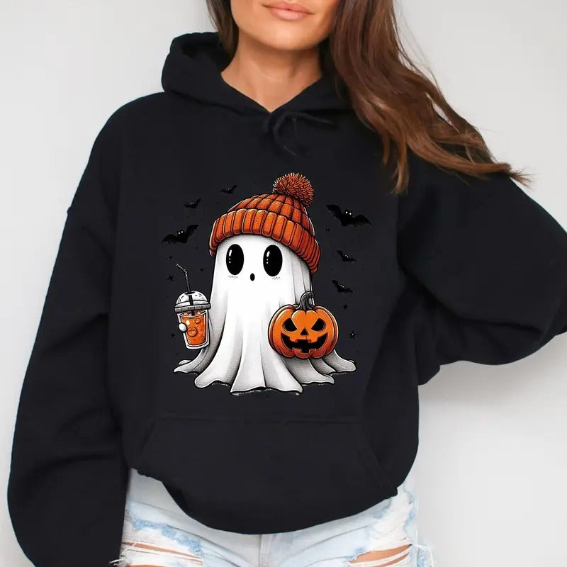 Women's Halloween Cartoon Ghost & Pumpkin Print Drop Shoulder Hoodie, Graphic Hoodie, Casual Sweater for Daily Holiday...