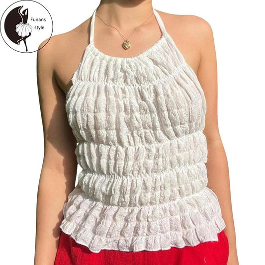 Women's Halter Neck Vest Summer Sleeveless Open Back Trendy Bubble Party Tank Tops