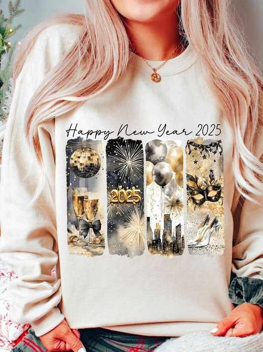 Women's Happy New Year Themed Graphic Print Crew Neck Sweatshirt, Casual Long Sleeve Pullover, Women's Fall & Winter Clothes for Daily Wear
