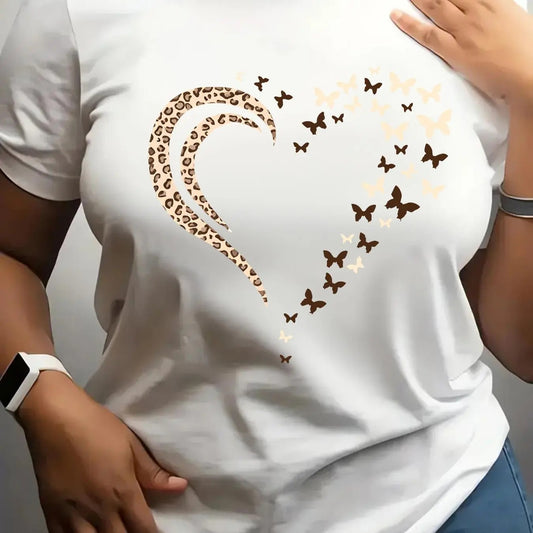 Women's Heart & Butterfly Print Round Neck Tee, Fashion Casual Short Sleeve T-shirt, Ladies Summer Clothes for Daily Wear