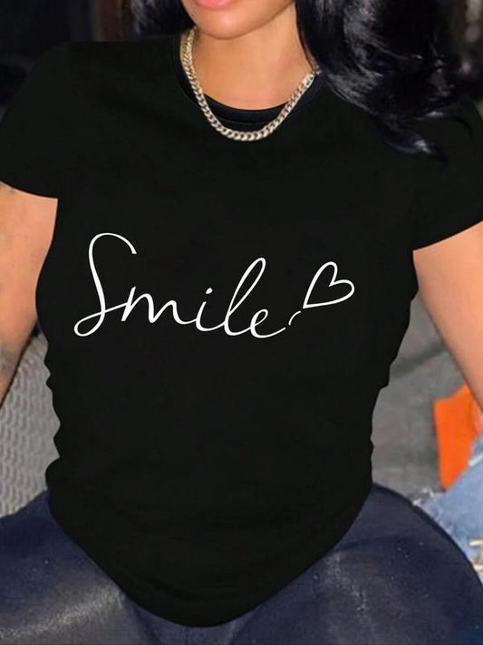 Women's Heart & Letter Print Round Neck Tee, Casual Crew Neck Short Sleeve T-Shirt for Summer, Ladies Clothes for Daily Wear