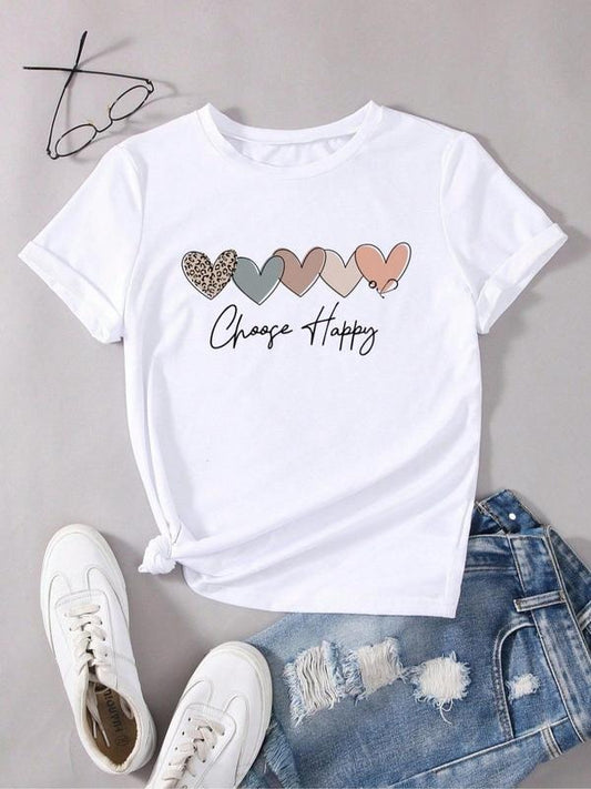 Women's Heart & Letter Print Round Neck Tee, Vintage Trendy Casual Short Sleeve T-Shirt for Vacation Holiday Daily Outdoor Wear, Ladies All Seasons Outfit Valentine's Day, gift
