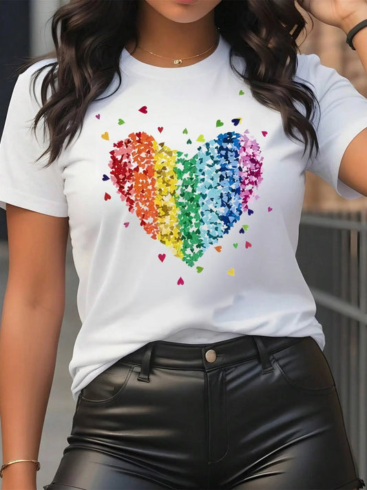 Women's Heart Print Round Neck Graphic Tee, Vintage Trendy Casual Short Sleeve T-shirt for Daily Wear, Ladies Summer Outfit