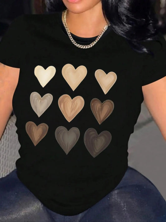 Women's Heart Print Round Neck Tee, Casual Short Sleeve Crew Neck T-shirt for Daily Wear, Ladies Clothes for All Seasons