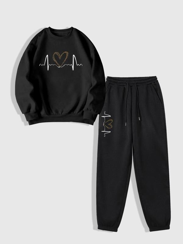 Women's Heart Print Sweatshirt & Drawstring Waist Sweatpants Set, Casual Long Sleeve Pullover & Pocket Jogger Pants,...
