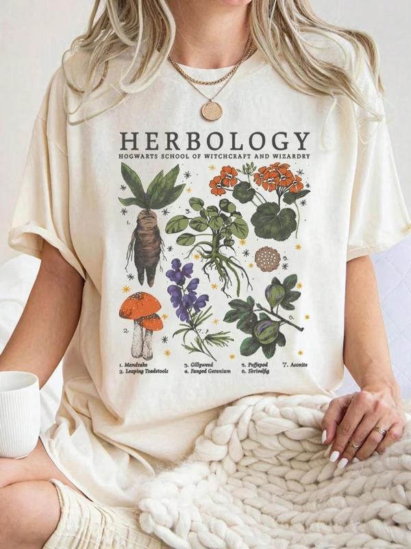Women's Herbology School & Plants Print Round Neck Tee, Casual Short Sleeve Crew Neck T-shirt for Summer, Fashion Women's...