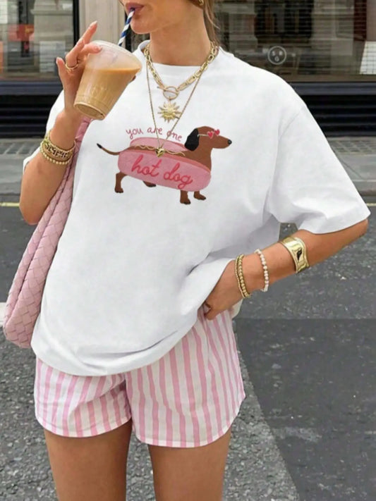 Women's Hot Dog Graphic Print Round Neck Tee, Fashion Casual Short Sleeve T-shirt for Daily Wear, Ladies Clothes for All Seasons