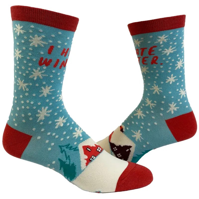 Women's I Hate Winter Socks Funny Snow Cold Seasons Graphic Novelty Footwear Funny Graphic Socks Comfortable Fitted Spandex Cotton