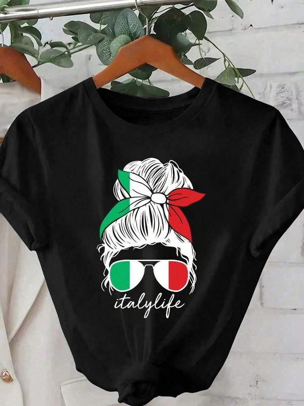 Women's Italy Flag & Letter Print Round Neck Graphic Tee, Vintage Trendy Casual Short Sleeve T-shirt for Daily Wear,...