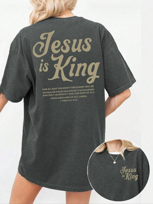 Women's Jesus Is King Print Round Neck Graphic Tee, Vintage Trendy Casual Figure Graphic Short Sleeve T-shirt for Daily Wear, Ladies Summer Outfit