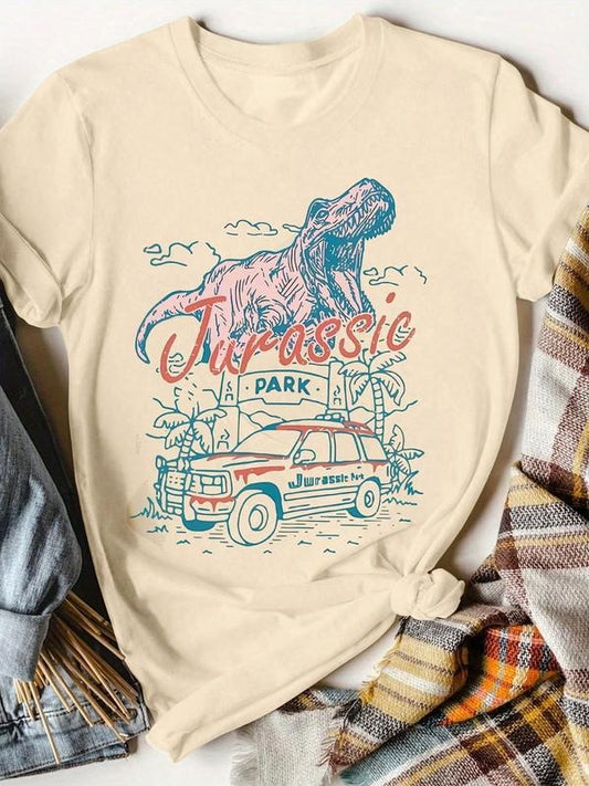 Women's Jurassic Park Graphic Round Neck Tee, Vintage Trendy Casual Short Sleeve T-shirt for Daily Wear, Ladies Summer Outfit, Top