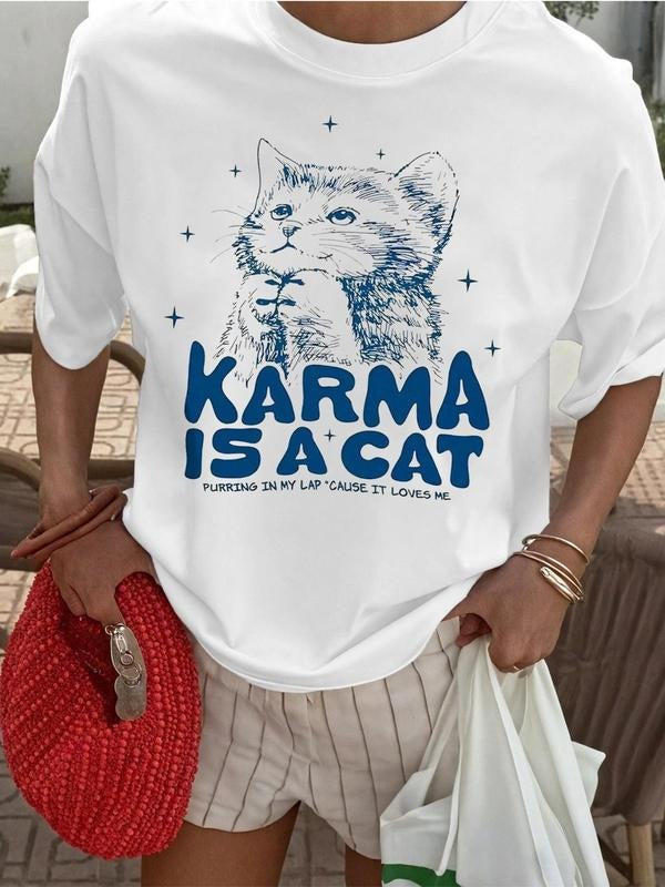 Women's KARMA IS A CAT Round Neck Graphic Tee, Fashion Casual Crew Neck T-shirt for Daily Holiday Vacation Outdoor Wear, Ladies Clothes for All Seasons, Top