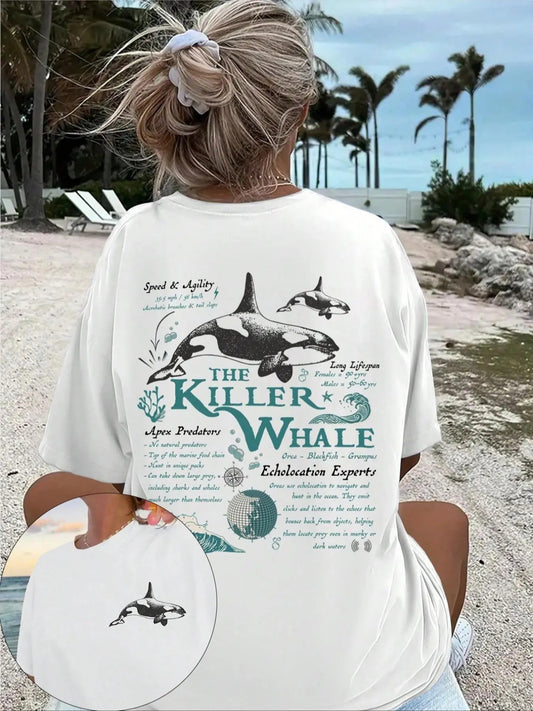 Women's Killer Whale Letter Print Round Neck Graphic Tee, Vintage Trendy Casual Drop Shoulder Half Sleeve T-shirt for Daily Wear, Ladies Summer Outfit