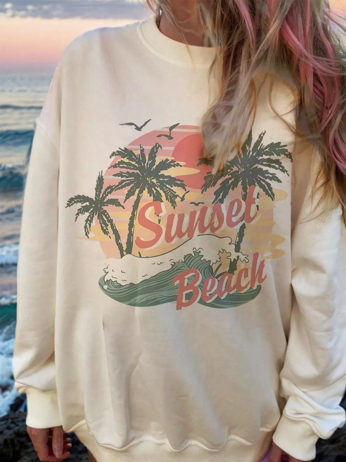 Women's Landscape & Letter Print Drop Shoulder Sweatshirt, Trendy Casual Long Sleeve Round Neck Pullover for Fall &...
