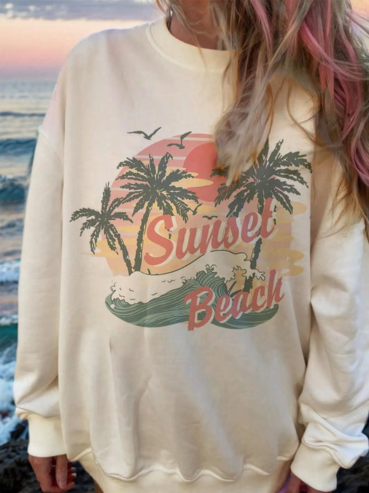 Women's Landscape & Letter Print Drop Shoulder Sweatshirt, Trendy Casual Long Sleeve Round Neck Pullover for Fall & Winter, Women's Clothes for Daily Wear
