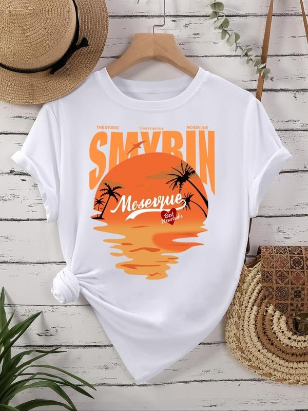 Women's Landscape Print Round Neck Graphic Tee, Vintage Trendy Casual Short Sleeve T-shirt For Daily Wear, Ladies All Seasons Outfit