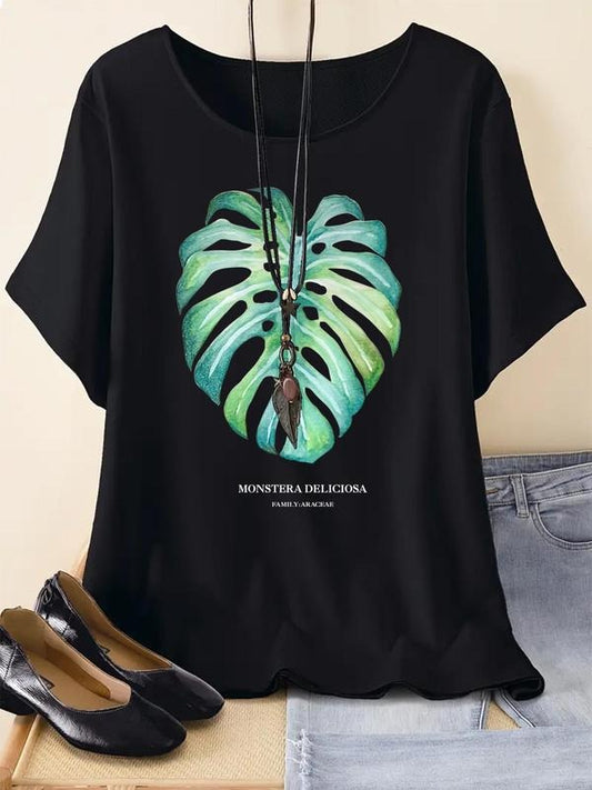 Women's Leaf & Letter Print Round Neck Tee, Trendy Casual Short Sleeve T-shirt For Daily Wear, Ladies Summer Outfit
