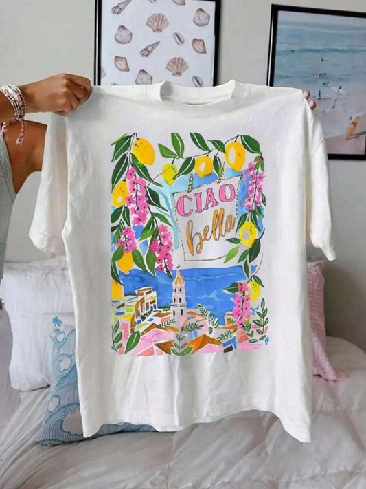 Women's Lemon & Floral Print Round Neck Tee, Trendy Casual Letter Graphic Short Sleeve T-Shirt for Daily Wear, Ladies Summer Outfit, Top