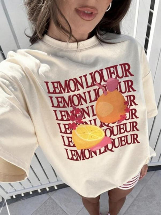 Women's Lemon Graphic Print Round Neck Tee, Fashion Casual Short Sleeve T-shirt, Ladies Summer Clothes for Daily Wear, Top