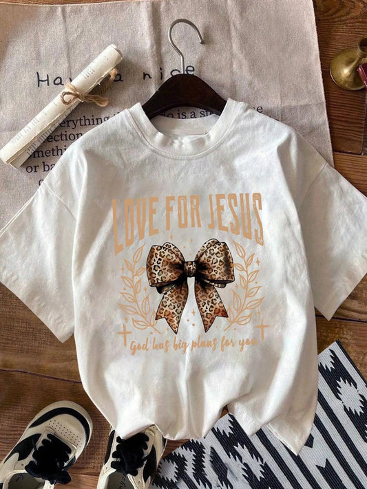 Women's Leopard Graphic Print Round Neck Tee, Fashion Casual Drop Shoulder Short Sleeve T-shirt, Ladies Spring & Fall Clothes for Daily Wear