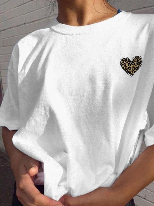 Women's Leopard Heart Print Round Neck Tee, Fashion Casual Crew Neck T-Shirt for Daily Holiday Vacation Outdoor Wear,...