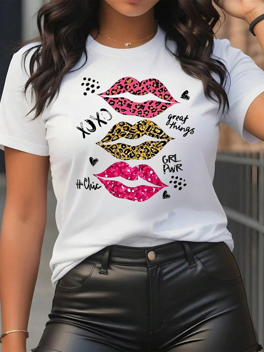 Women's Leopard Lip & Letter Print Round Neck Tee, Fashion Casual Short Sleeve T-shirt for Daily Wear, Ladies Summer Clothes