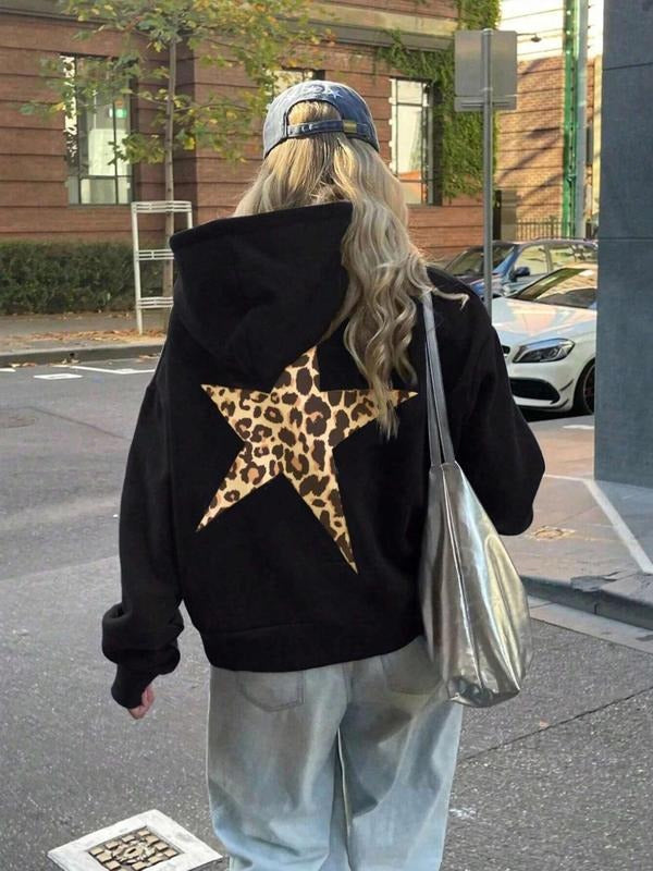 Women's Leopard Star Print Drawstring Hoodie, Casual Long Sleeve Hooded Sweatshirt for Winter, Fashion Ladies' Top for...