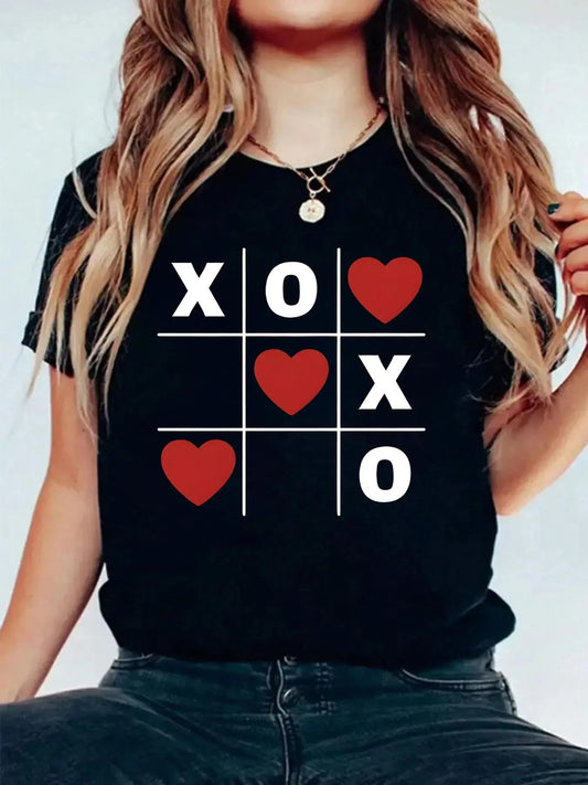 Women's Letter &  Heart Print Round Neck Graphic Tee, Vintage Trendy Casual Short Sleeve T-shirt for Daily Wear, Ladies All Seasons Clothes