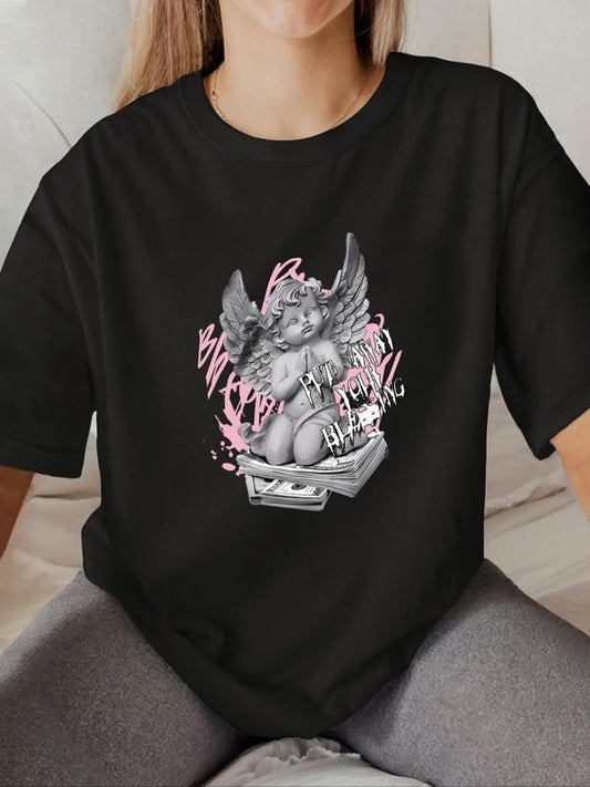 Women's Letter & Angel Print Round Neck Graphic Tee, Vintage Trendy Casual Short Sleeve T-shirt for Daily Wear, Ladies All Seasons Outfit