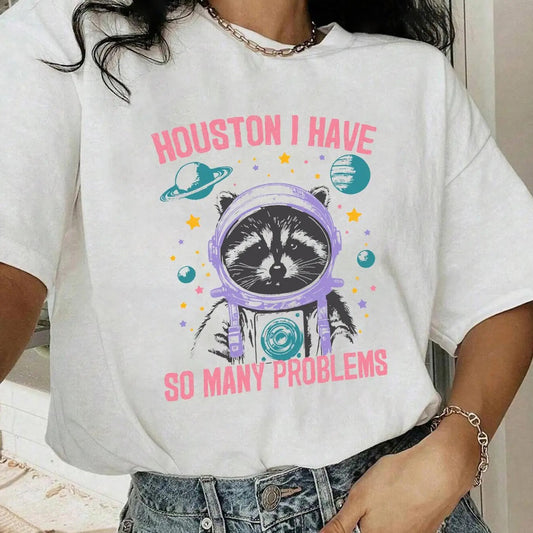 Women's Letter & Astronaut Print Round Neck Tee, Vintage Trendy Casual Short Sleeve T-shirt for Daily Wear, Ladies Summer Outfit