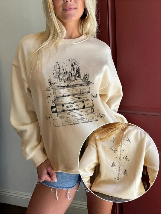 Women's Letter & Book Print Graphic Pullover Sweatshirt, Casual Long Sleeve Crew Neck Sweatshirt for Daily Wear, Ladies Clothes for All Seasons
