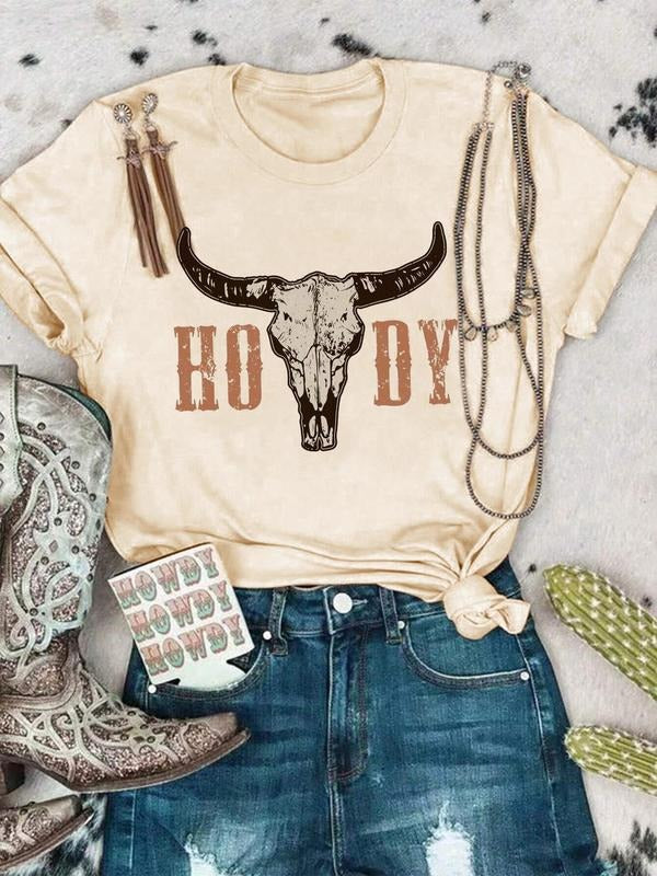 Women's Letter & Bull Head Print Round Neck Tee, Vintage Trendy Casual Short Sleeve T-shirt for Daily Wear, Ladies Summer Outfit, Top