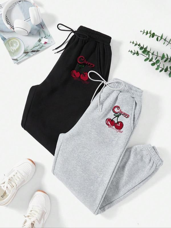 Women's Letter & Cherry Print Drawstring Waist Sweatpants, Casual Comfy Jogger Pants for Daily Wear, Ladies Bottoms for...