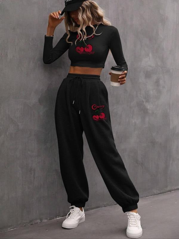 Women's Letter & Cherry Print Tee & Drawstring Waist Pants Two-piece Set, Casual Round Neck Long Sleeve Top & Pocket...