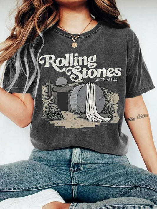 Women's Letter & Cross Print Round Neck Tee, Vintage Trendy Casual Short Sleeve T-shirt for Daily Wear, Ladies All Seasons Outfit, Top