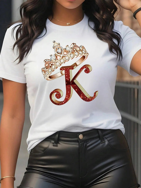 Women's Letter & Crown Print Crew Neck Tee, Trendy Casual Short Sleeve T-Shirt for Daily Wear, Ladies Summer Outfit