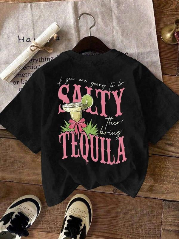 Women's Letter & Drink Print Round Neck Tee, Trendy Casual Short Sleeve T-shirt for Daily Wear, Ladies All Seasons Clothes