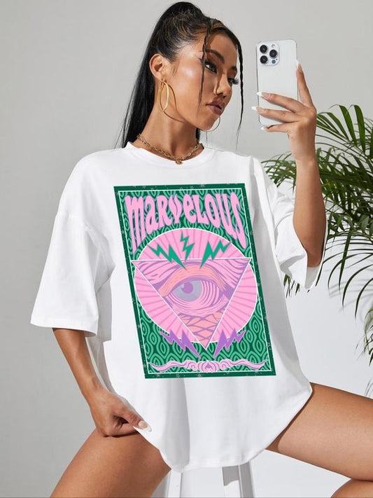 Women's Letter & Eye Print Round Neck Graphic Tee, Vintage Trendy Casual Drop Shoulder Short Sleeve T-shirt For Daily Wear, Ladies All Seasons Outfit