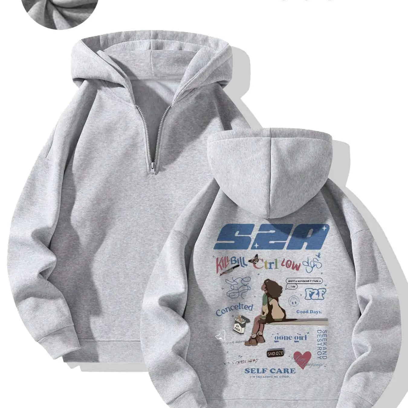 Women's Letter & Figure Print Drop Shoulder Hoodie, Fashion Casual Half Zip Hooded Sweatshirt for Daily Holiday Outdoor...