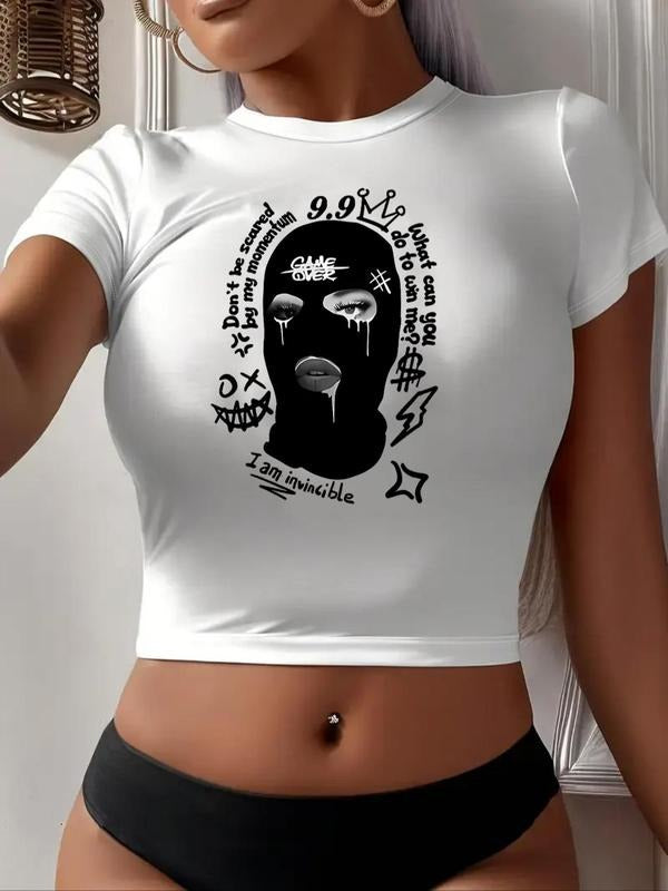 Women's Letter & Figure Print Round Neck Crop Tee, Casual Short Sleeve Crew Neck T-shirt for Daily Wear, Ladies Clothes...