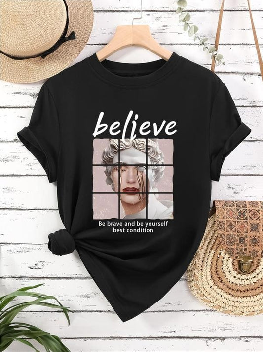 Women's Letter & Figure Print Round Neck Graphic Tee, Vintage Trendy Casual Short Sleeve T-shirt for Daily Wear, Ladies All Seasons Outfit