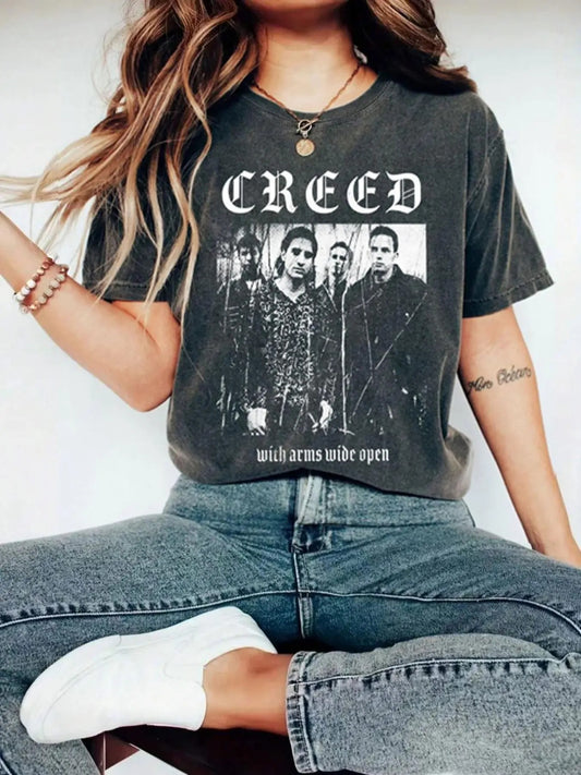 Women's Letter & Figure Print Round Neck Tee, Trendy Casual Short Sleeve T-Shirt for Daily Wear, Ladies Summer Outfit