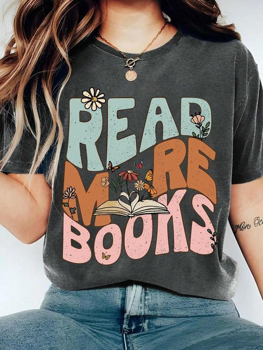 Women's Letter & Flower Print Round Neck Tee, Vintage Trendy Casual Graphic Short Sleeve T-shirt for Daily Wear, Ladies Clothing for Summer