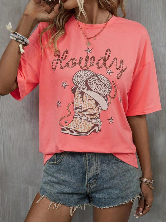 Women's Letter & Hat Print Round Neck Graphic Tee, Vintage Trendy Casual Half Sleeve T-shirt for Daily Wear, Ladies Summer Clothes