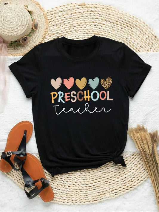 Women's Letter & Heart Print Round Neck Tee, Trendy Crew Neck Short Sleeve T-Shirt for Daily Holiday Vacation Outdoor Wear, Ladies Clothes for All Seasons