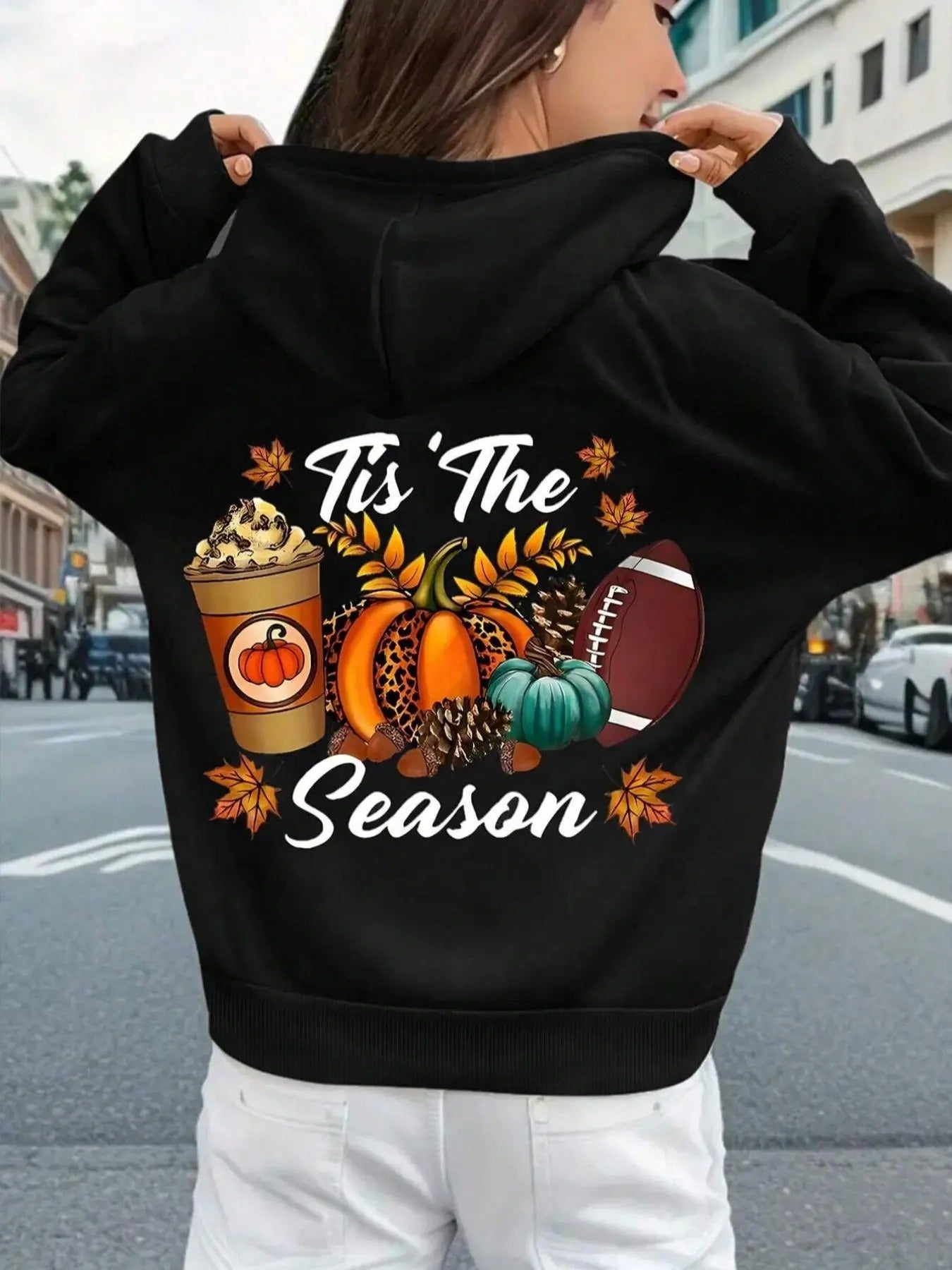 Women's Letter & Leopard Pumpkin Print Drop Shoulder Thermal Lined Hoodie, Fashion Casual Drawstring Pocket Hooded...
