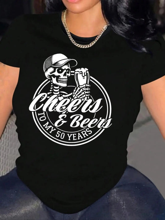 Women's Letter & Skeleton Print Round Neck Graphic Tee, Vintage Trendy Casual Short Sleeve T-shirt for Daily Wear, Ladies All Seasons Outfit